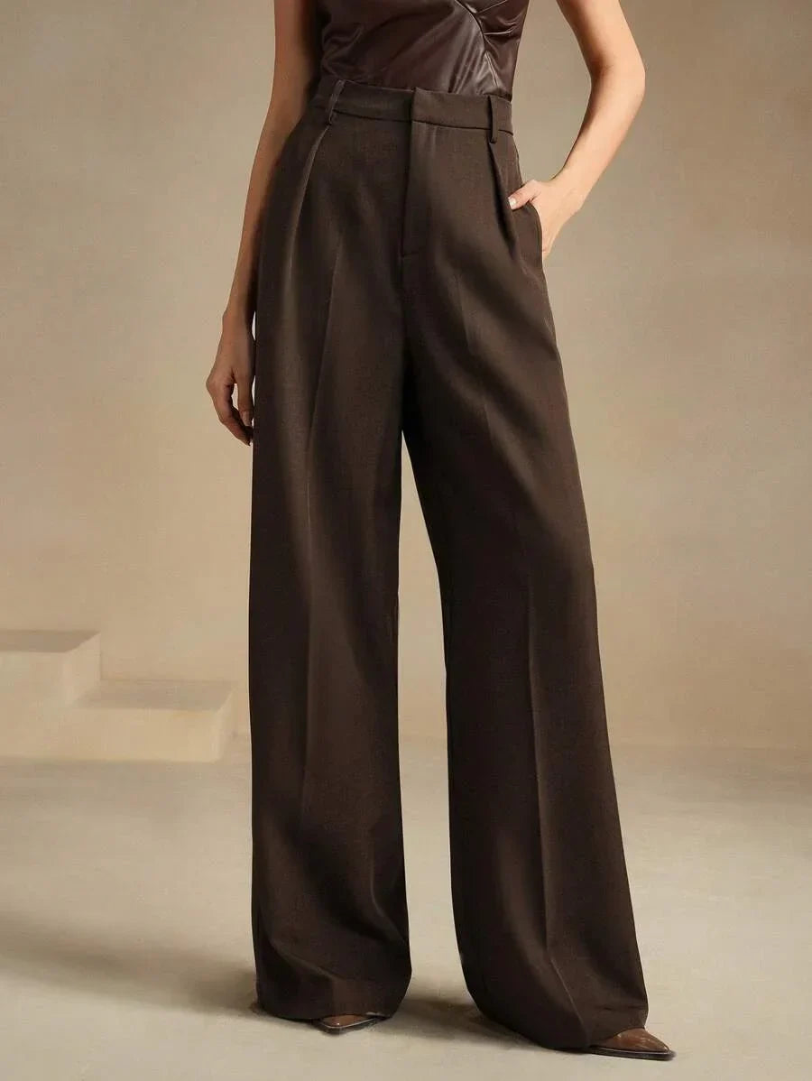 Women's High-Waisted Wide-Leg Pleated Trousers with Zipper Closure