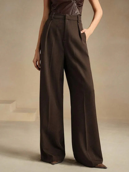 Women's High-Waisted Wide-Leg Pleated Trousers with Zipper Closure