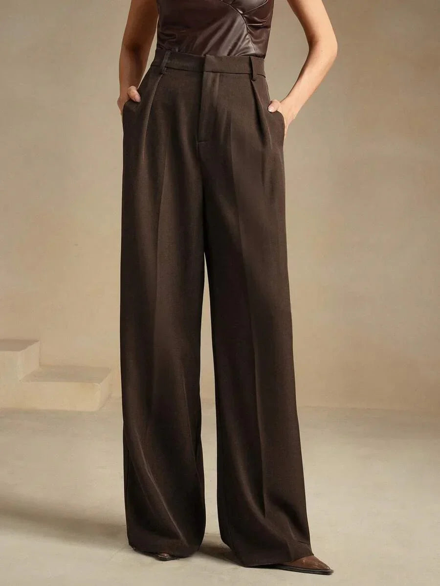 Women's High-Waisted Wide-Leg Pleated Trousers with Zipper Closure