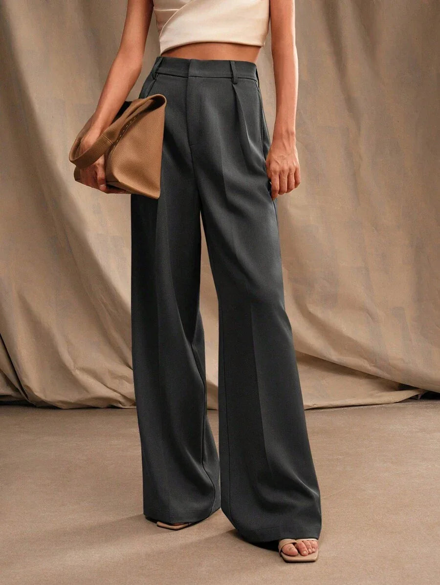 Women's High-Waisted Wide-Leg Pleated Trousers with Zipper Closure