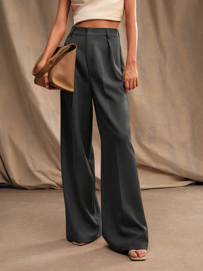 Women's High-Waisted Wide-Leg Pleated Trousers with Zipper Closure