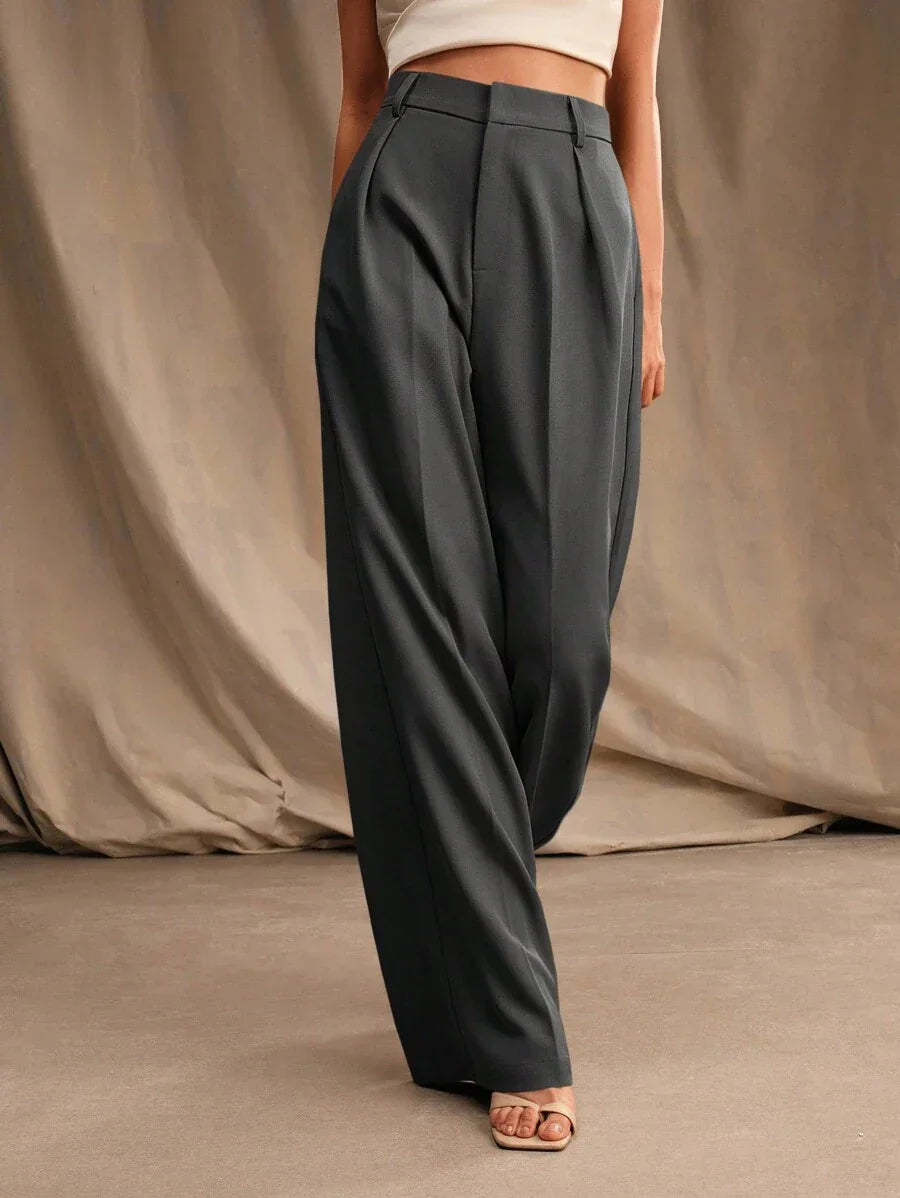 Women's High-Waisted Wide-Leg Pleated Trousers with Zipper Closure