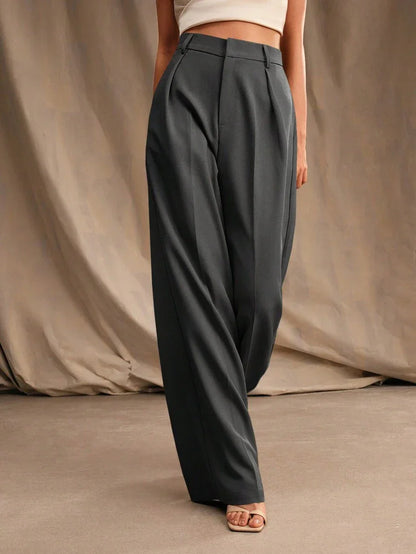 Women's High-Waisted Wide-Leg Pleated Trousers with Zipper Closure