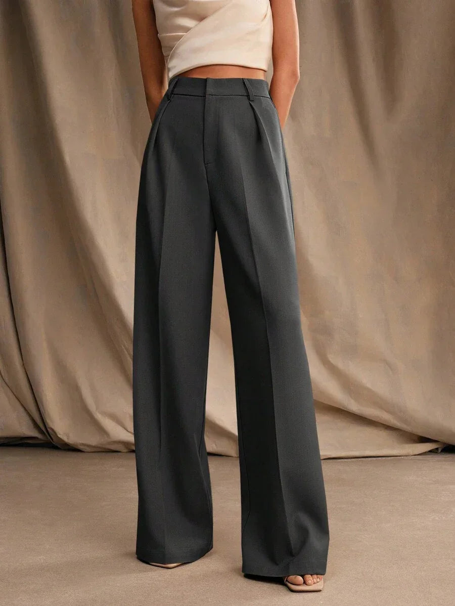 Women's High-Waisted Wide-Leg Pleated Trousers with Zipper Closure