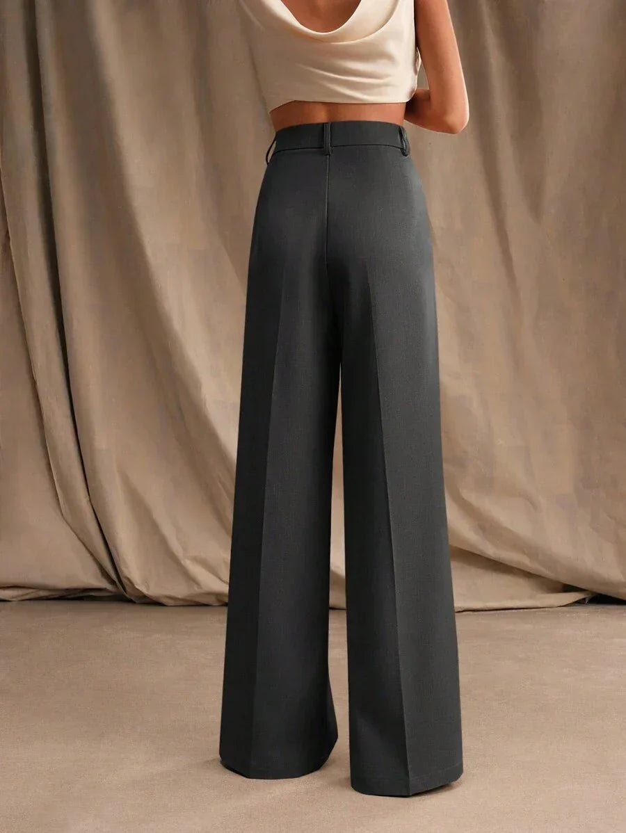Women's High-Waisted Wide-Leg Pleated Trousers with Zipper Closure
