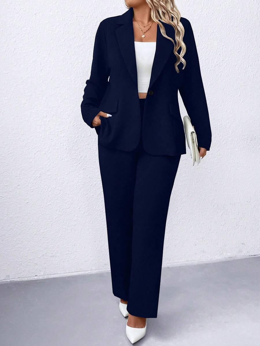 Women's Plus Size Navy Notched Collar Blazer - Professional Workwear and Casual Outerwear