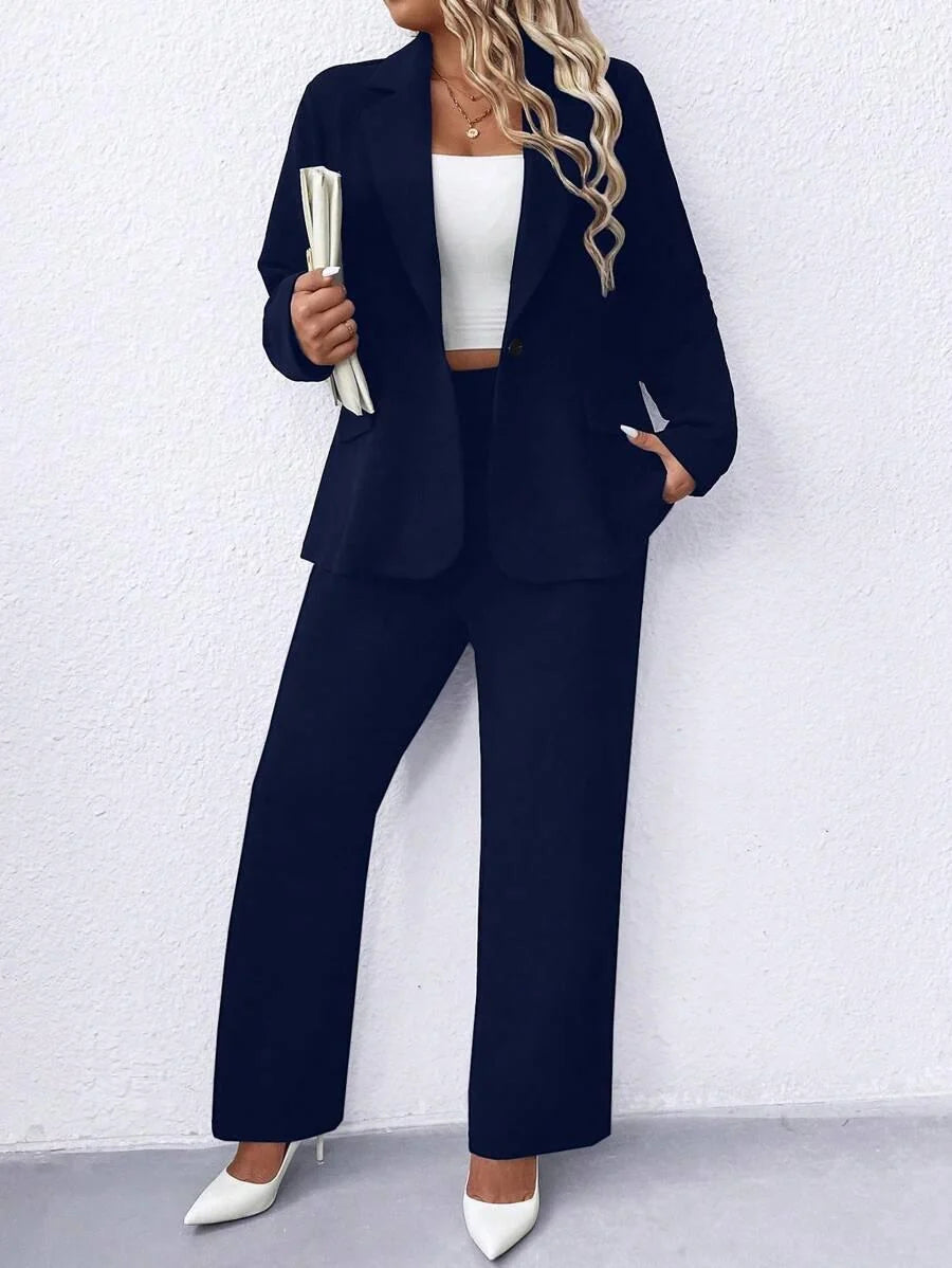 Women's Plus Size Navy Notched Collar Blazer - Professional Workwear and Casual Outerwear