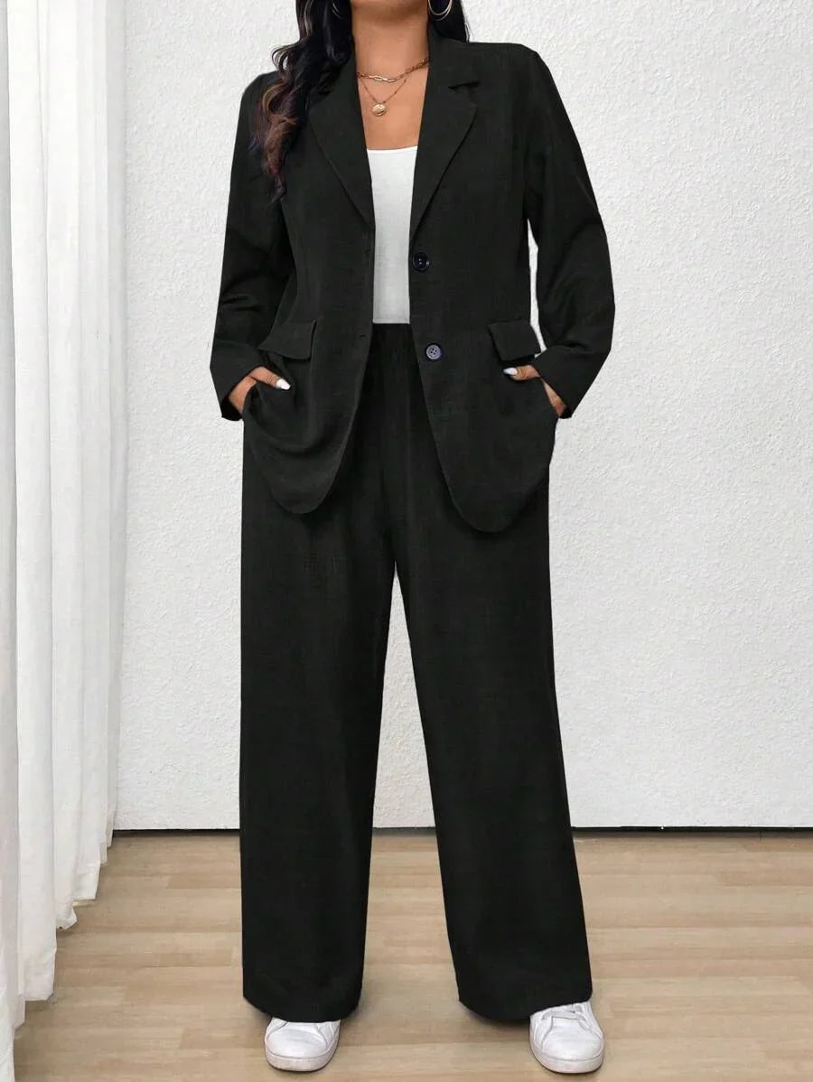 Women's Plus Size Elegant Lapel Suit Jacket and Matching Trousers Set