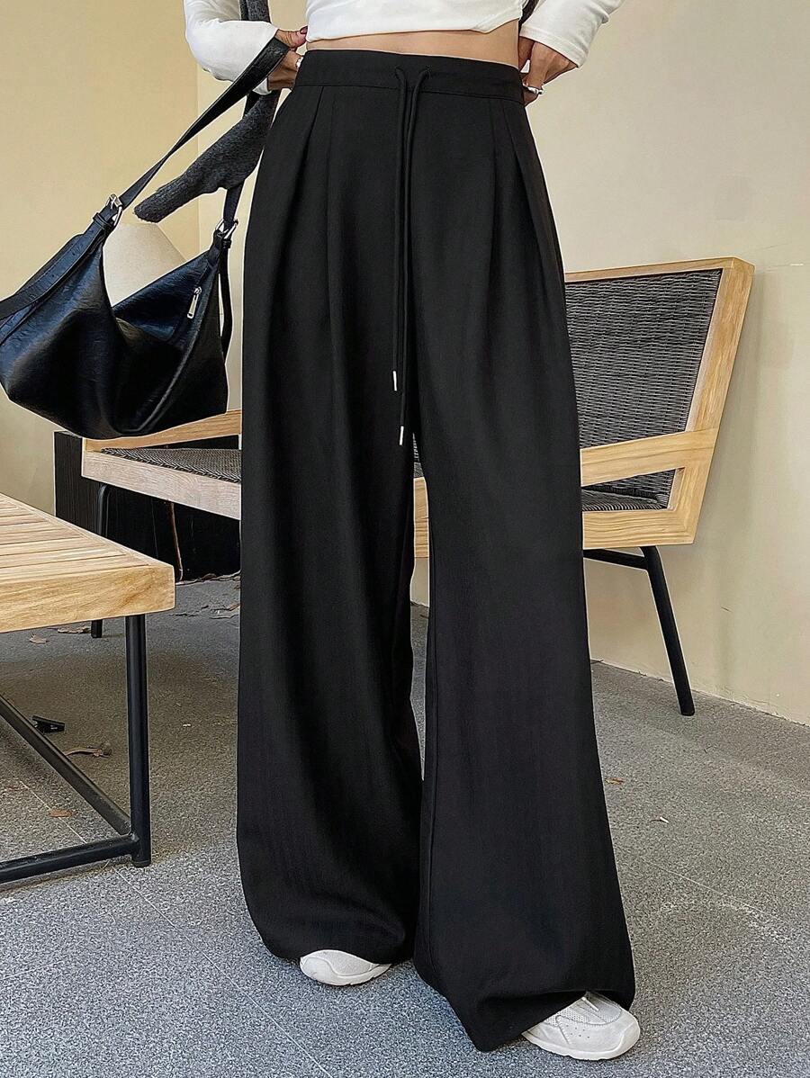 Women's Minimalist Wide Leg Casual Trousers - Solid Color Loose Fit Mid-Waist Pants