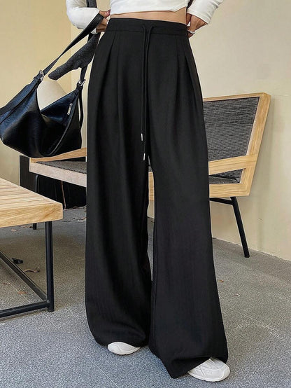 Women's Minimalist Wide Leg Casual Trousers - Solid Color Loose Fit Mid-Waist Pants