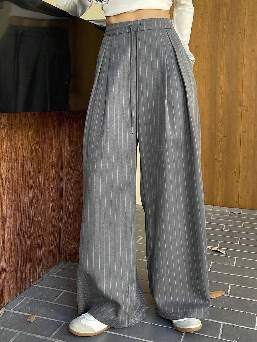 Women's Minimalist Wide Leg Casual Trousers - Solid Color Loose Fit Mid-Waist Pants