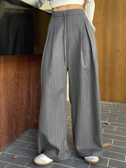 Women's Minimalist Wide Leg Casual Trousers - Solid Color Loose Fit Mid-Waist Pants
