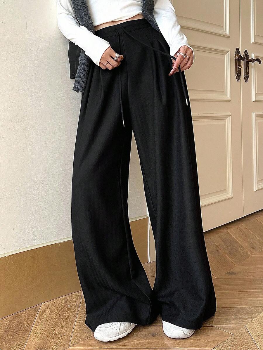 Women's Minimalist Wide Leg Casual Trousers - Solid Color Loose Fit Mid-Waist Pants
