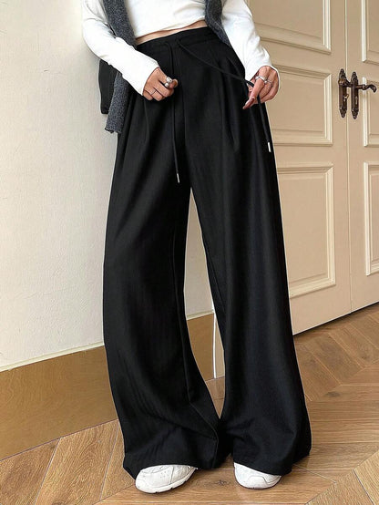 Women's Minimalist Wide Leg Casual Trousers - Solid Color Loose Fit Mid-Waist Pants