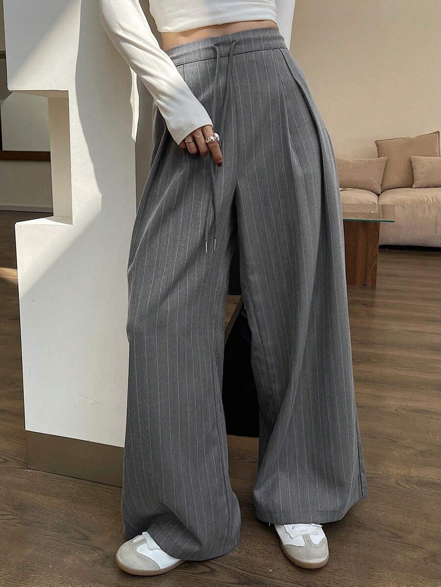 Women's Minimalist Wide Leg Casual Trousers - Solid Color Loose Fit Mid-Waist Pants
