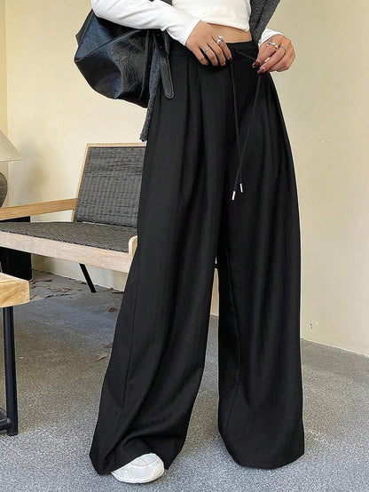 Women's Minimalist Wide Leg Casual Trousers - Solid Color Loose Fit Mid-Waist Pants