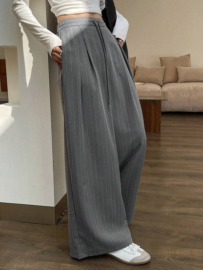 Women's Minimalist Wide Leg Casual Trousers - Solid Color Loose Fit Mid-Waist Pants