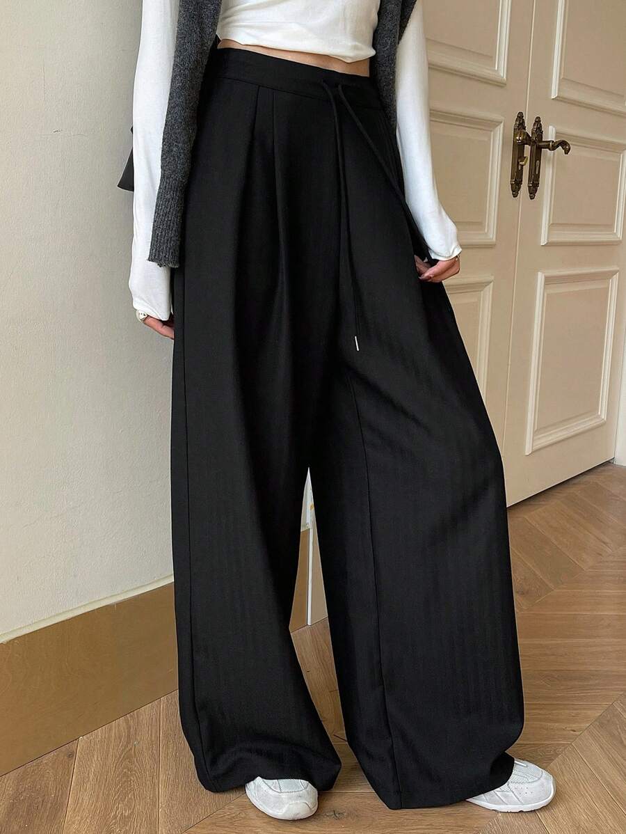 Women's Minimalist Wide Leg Casual Trousers - Solid Color Loose Fit Mid-Waist Pants