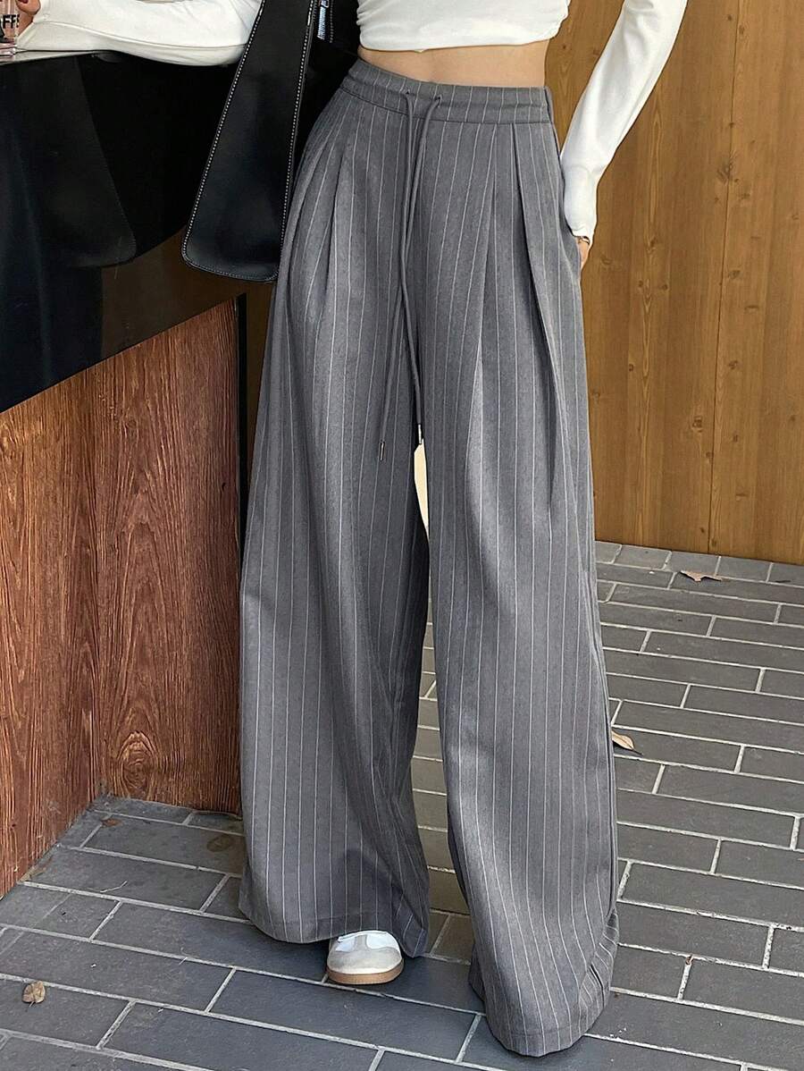 Women's Minimalist Wide Leg Casual Trousers - Solid Color Loose Fit Mid-Waist Pants