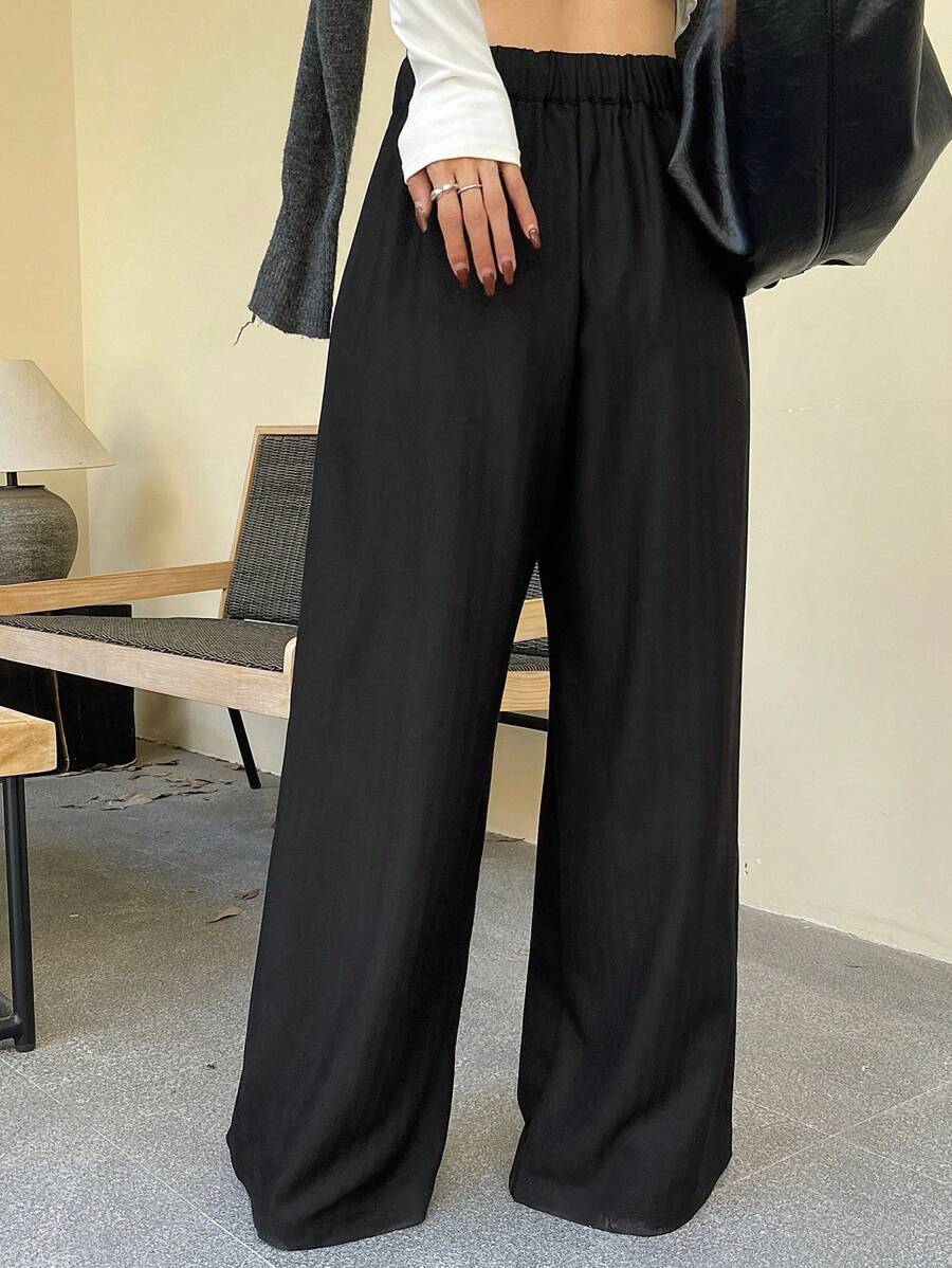 Women's Minimalist Wide Leg Casual Trousers - Solid Color Loose Fit Mid-Waist Pants