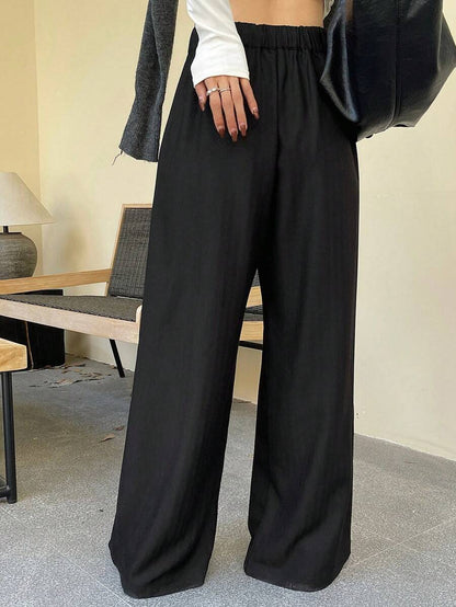 Women's Minimalist Wide Leg Casual Trousers - Solid Color Loose Fit Mid-Waist Pants