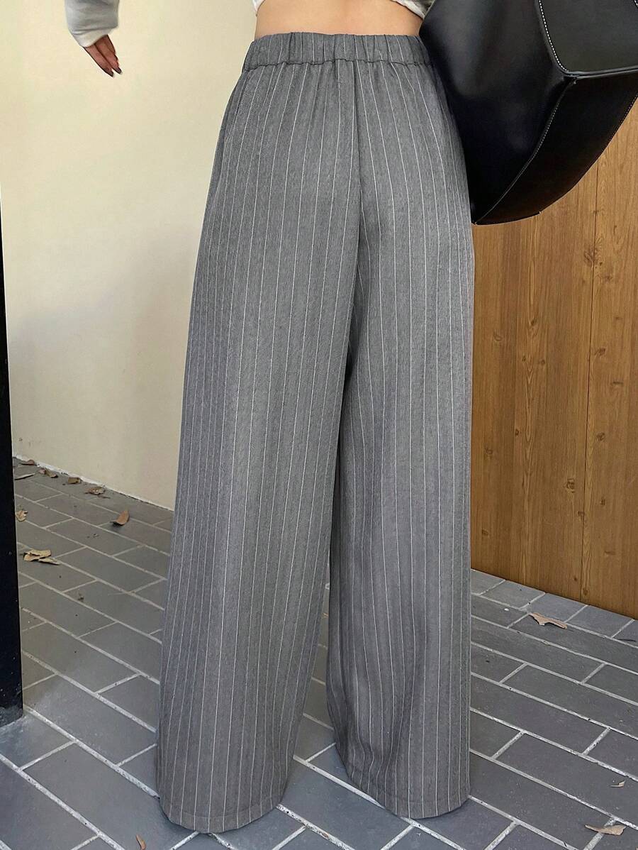 Women's Minimalist Wide Leg Casual Trousers - Solid Color Loose Fit Mid-Waist Pants