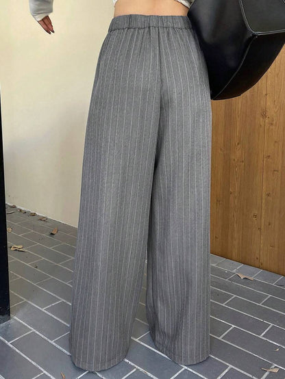 Women's Minimalist Wide Leg Casual Trousers - Solid Color Loose Fit Mid-Waist Pants