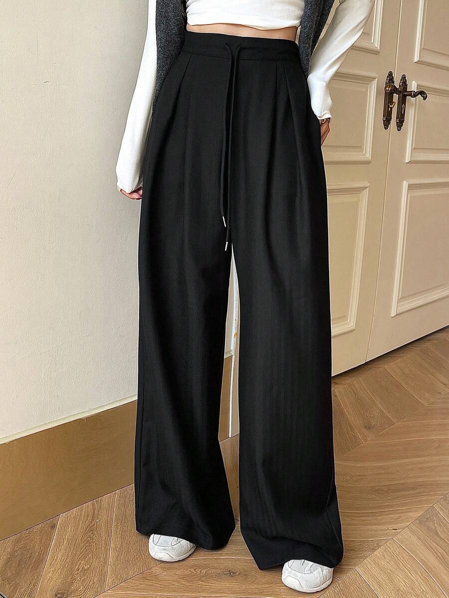 Women's Minimalist Wide Leg Casual Trousers - Solid Color Loose Fit Mid-Waist Pants