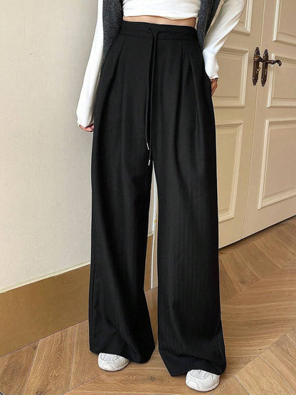 Women's Minimalist Wide Leg Casual Trousers - Solid Color Loose Fit Mid-Waist Pants