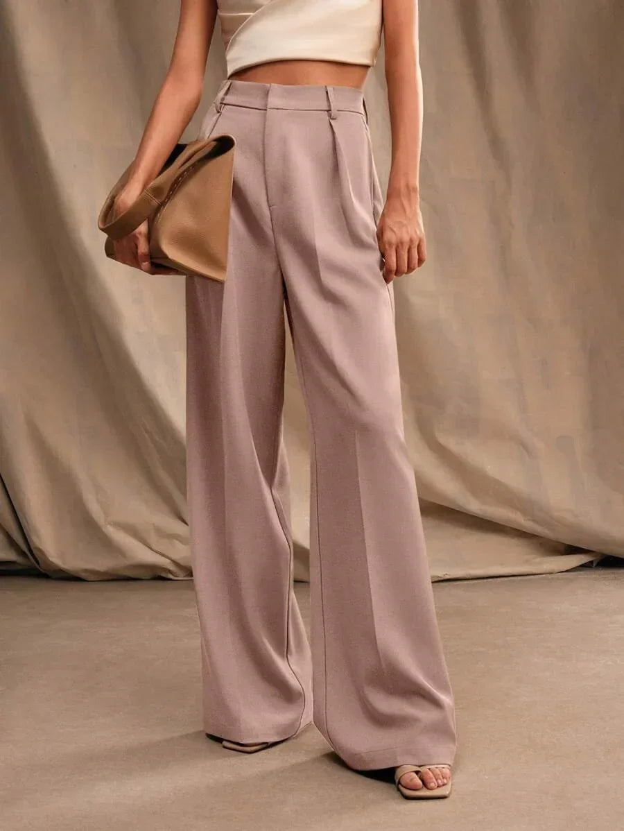 Women's High-Waisted Wide-Leg Pleated Trousers with Zipper Closure