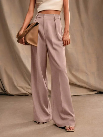Women's High-Waisted Wide-Leg Pleated Trousers with Zipper Closure