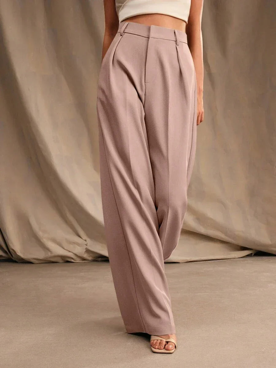 Women's High-Waisted Wide-Leg Pleated Trousers with Zipper Closure