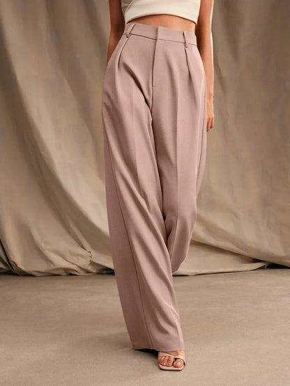 Women's High-Waisted Wide-Leg Pleated Trousers with Zipper Closure