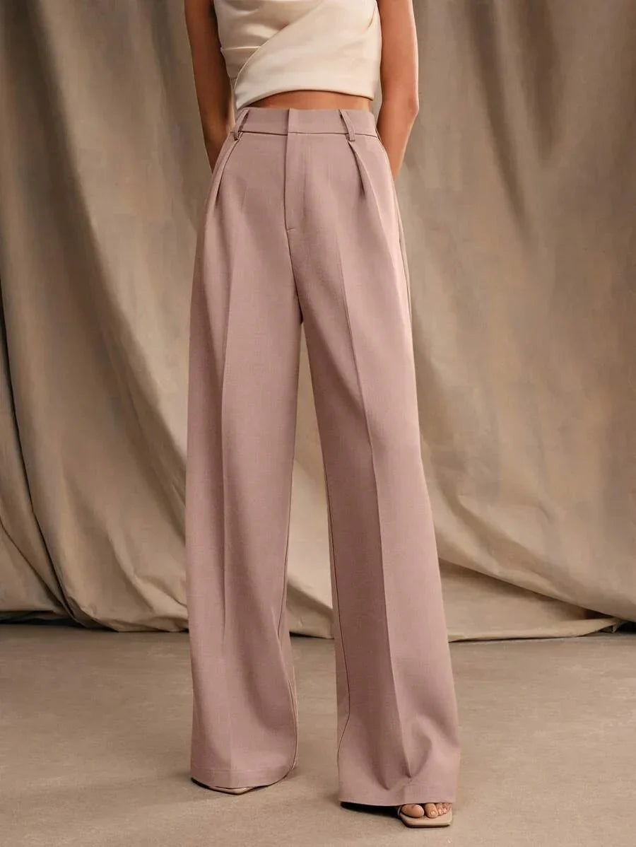 Women's High-Waisted Wide-Leg Pleated Trousers with Zipper Closure