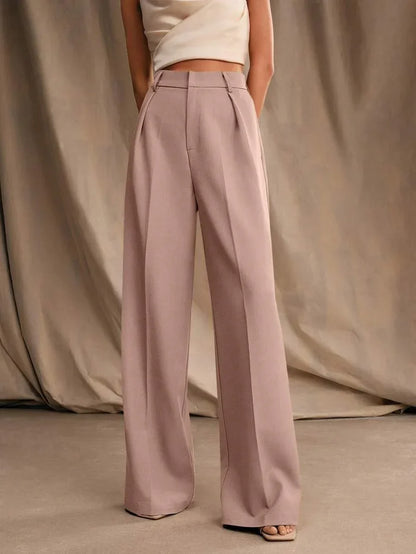 Women's High-Waisted Wide-Leg Pleated Trousers with Zipper Closure