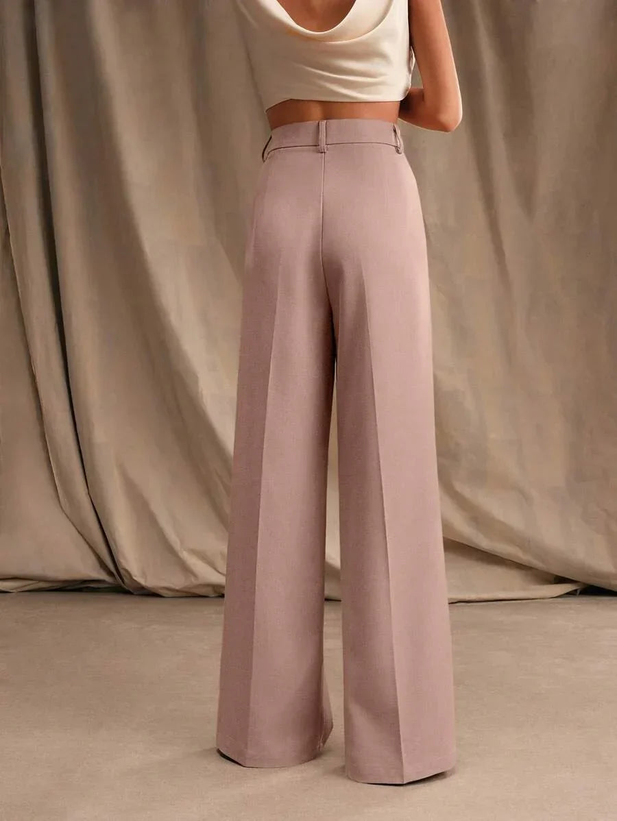 Women's High-Waisted Wide-Leg Pleated Trousers with Zipper Closure