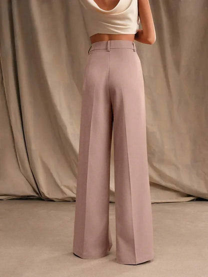 Women's High-Waisted Wide-Leg Pleated Trousers with Zipper Closure