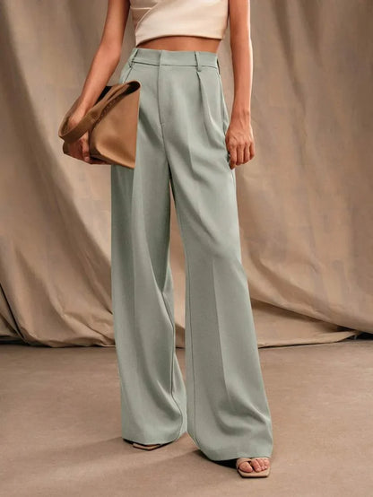 Women's High-Waisted Wide-Leg Pleated Trousers with Zipper Closure