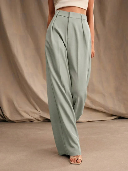 Women's High-Waisted Wide-Leg Pleated Trousers with Zipper Closure