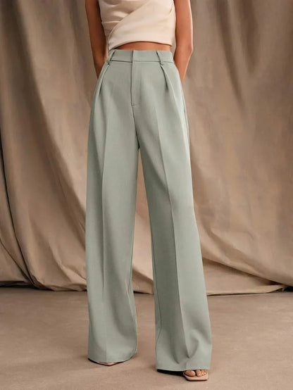 Women's High-Waisted Wide-Leg Pleated Trousers with Zipper Closure