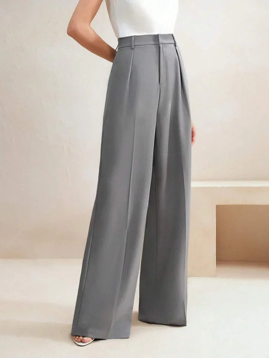 Women's High-Waisted Wide-Leg Pleated Trousers with Zipper Closure