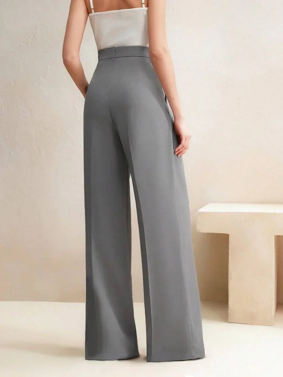 Women's High-Waisted Wide-Leg Pleated Trousers with Zipper Closure