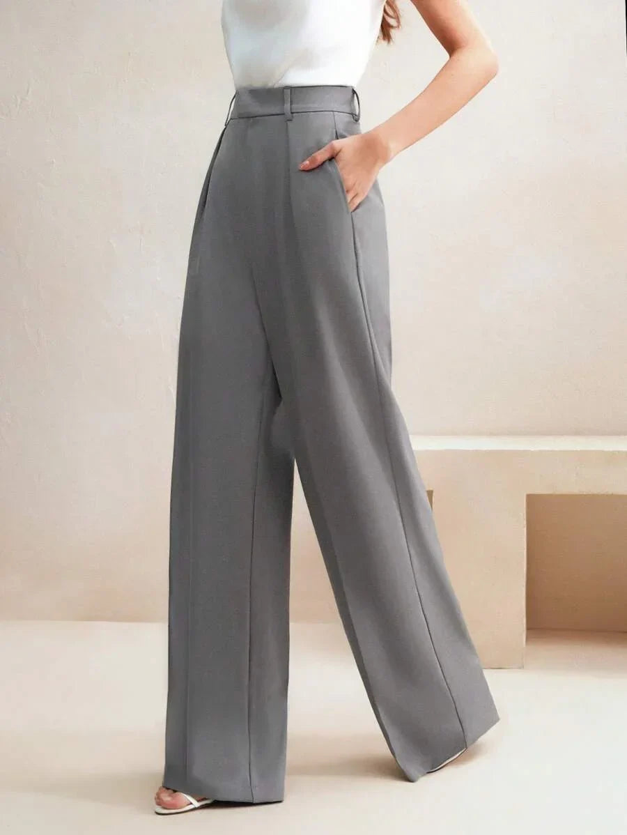 Women's High-Waisted Wide-Leg Pleated Trousers with Zipper Closure