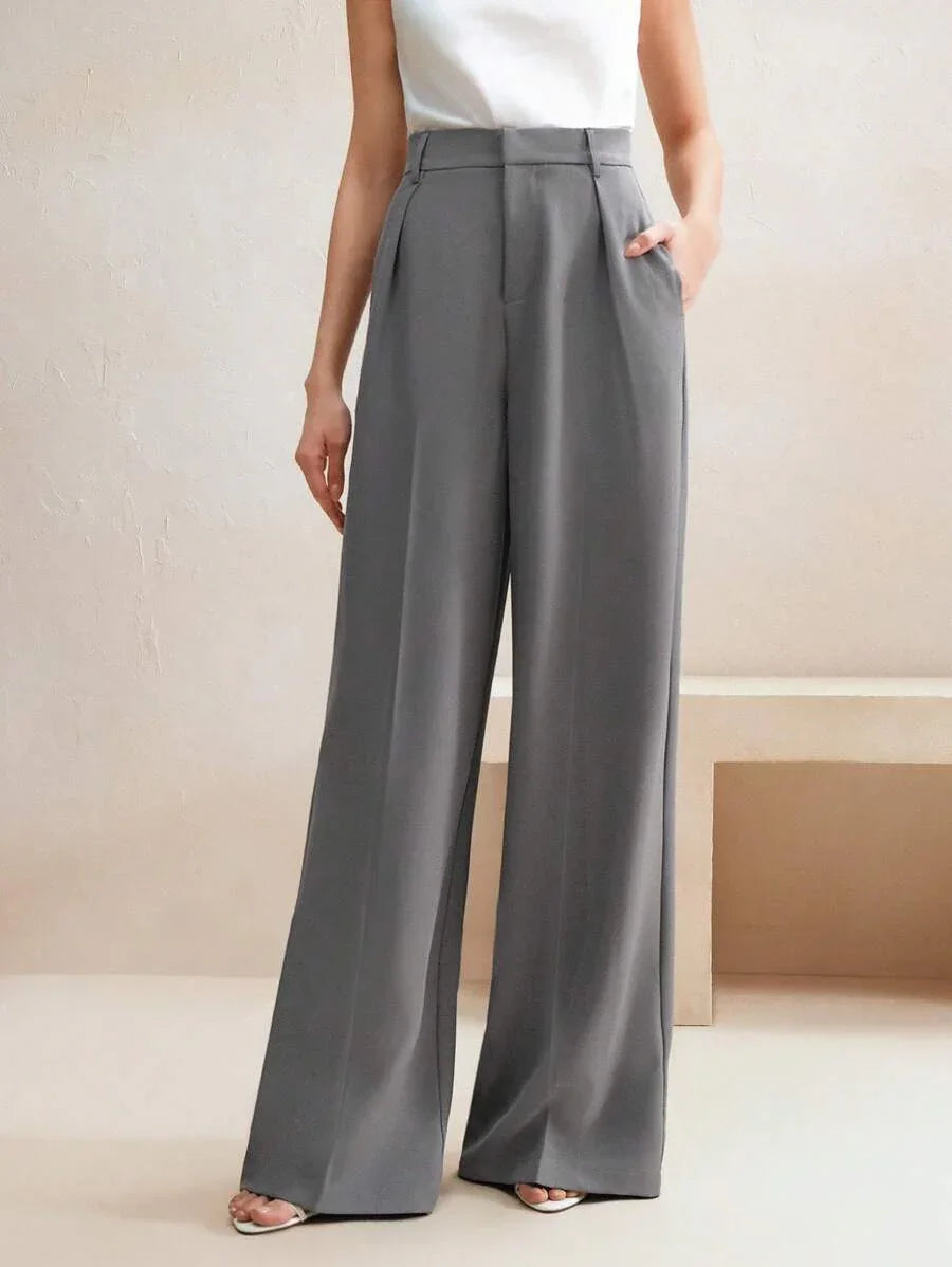 Women's High-Waisted Wide-Leg Pleated Trousers with Zipper Closure