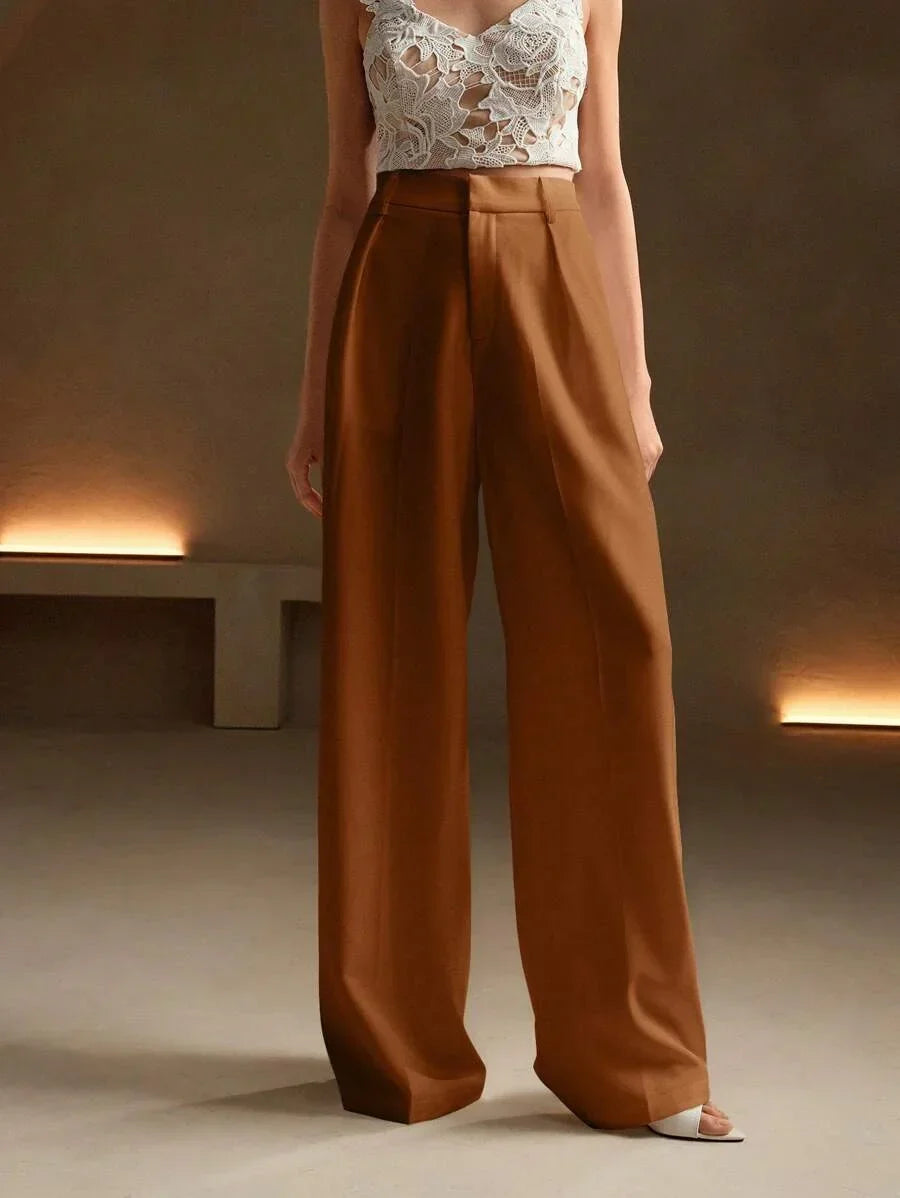 Women's High-Waisted Wide-Leg Pleated Trousers with Zipper Closure