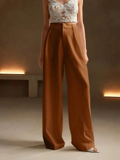 Women's High-Waisted Wide-Leg Pleated Trousers with Zipper Closure