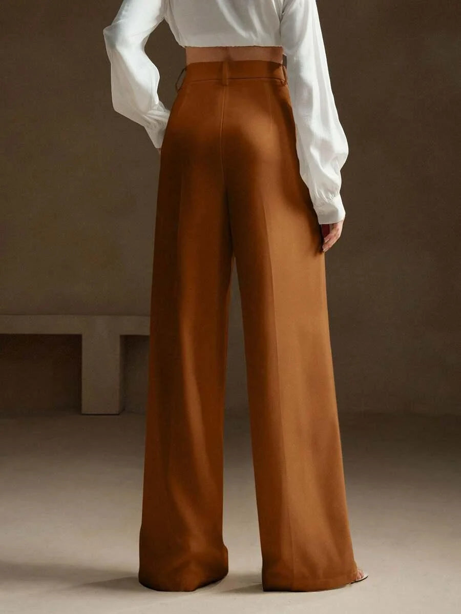 Women's High-Waisted Wide-Leg Pleated Trousers with Zipper Closure