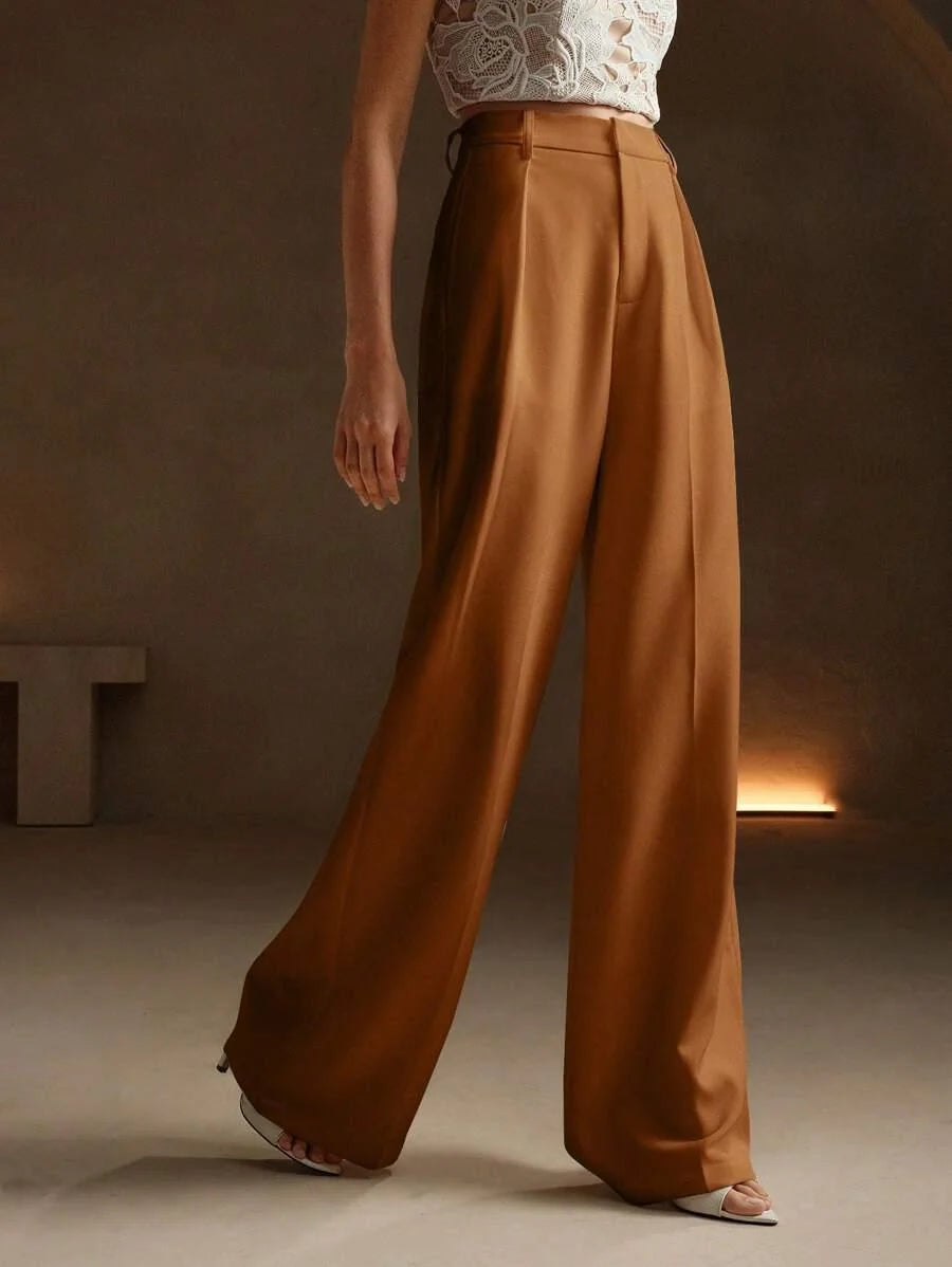 Women's High-Waisted Wide-Leg Pleated Trousers with Zipper Closure