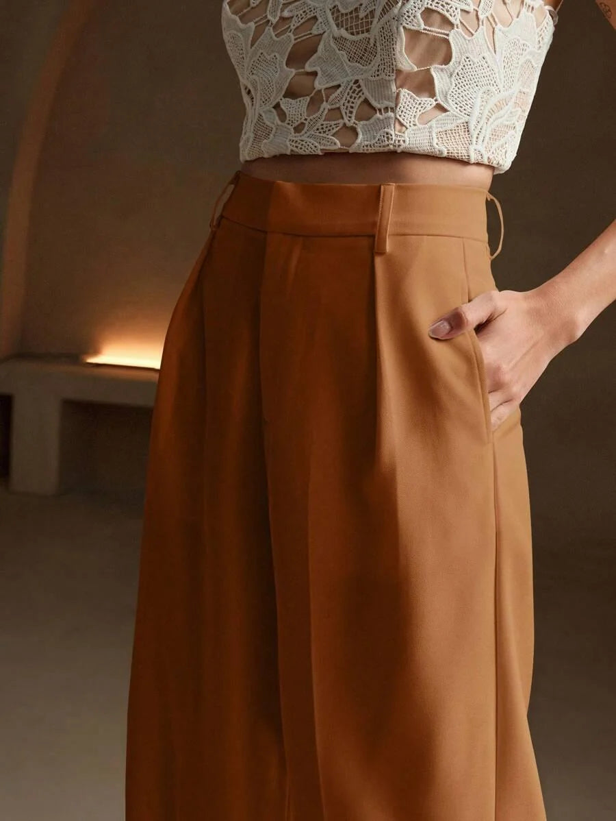 Women's High-Waisted Wide-Leg Pleated Trousers with Zipper Closure