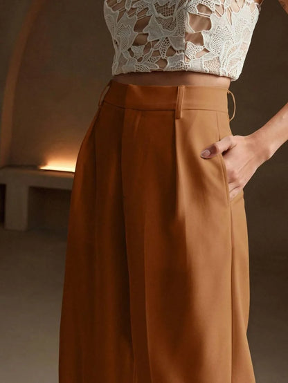 Women's High-Waisted Wide-Leg Pleated Trousers with Zipper Closure